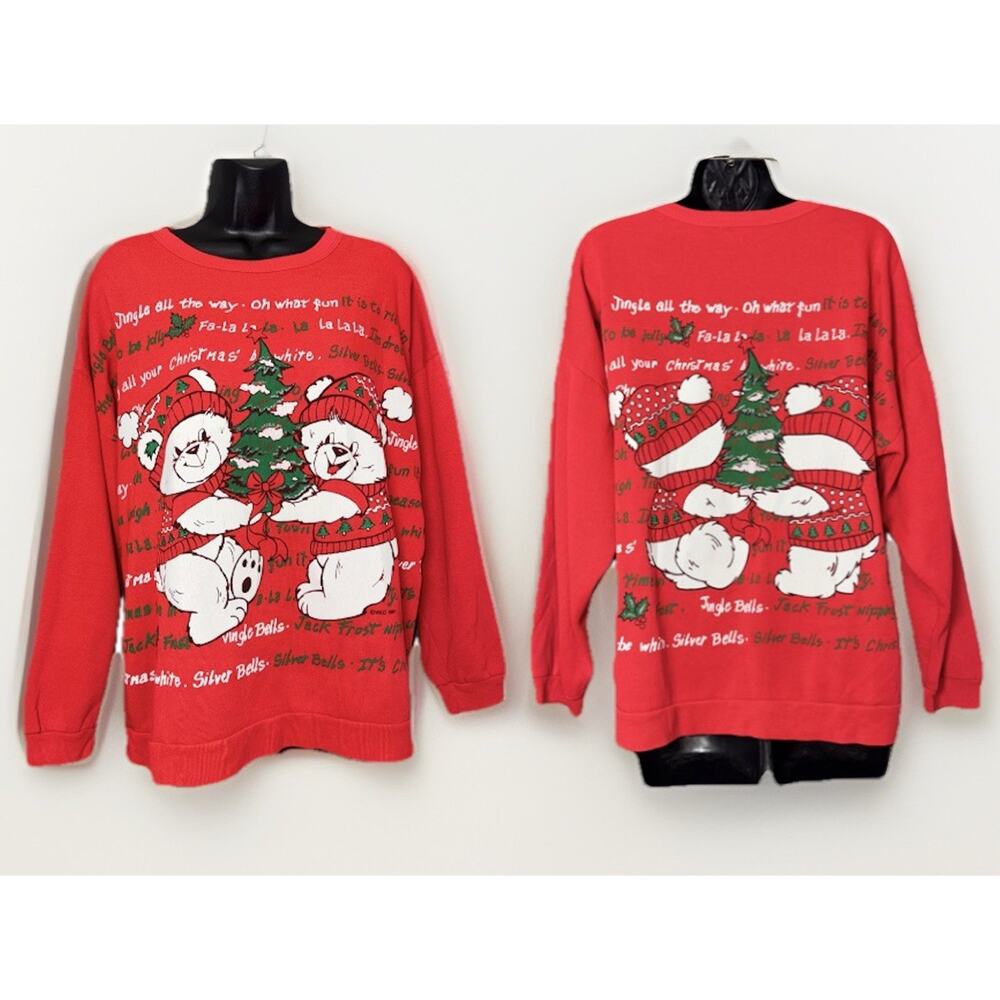 Rare VTG 90s Nutcracker SM Red Sweater Double Side Holiday Bear Christmas Lyric‎